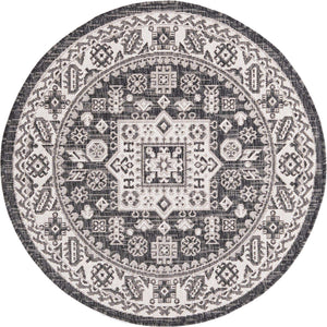 Charcoal Gray 3' 1 x 3' 1 Outdoor Aztec Round Area Rug Weather Resistant for Patio, Deck, Terrace, Balcony, Porch 100% Polypropylene Traditional Carpet Mat for Sale at Rug Engine