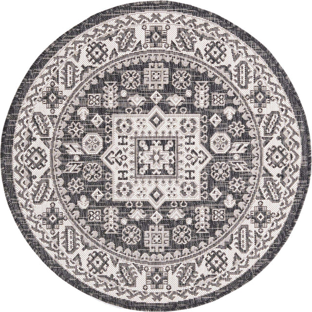 Charcoal Gray 3' 1 x 3' 1 Outdoor Aztec Round Area Rug Weather Resistant for Patio, Deck, Terrace, Balcony, Porch 100% Polypropylene Traditional Carpet Mat for Sale at Rug Engine