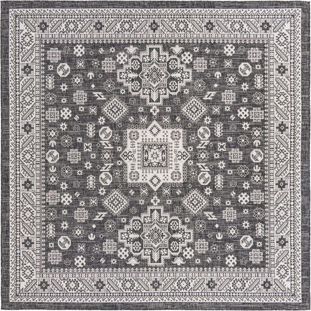 Charcoal Gray 10' x 10' Outdoor Aztec Square Area Rug Weather Resistant for Patio, Deck, Terrace, Balcony, Porch 100% Polypropylene Traditional Carpet Mat for Sale at Rug Engine