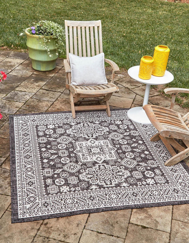 Charcoal Gray 13' 1 x 13' 1 Outdoor Aztec Square Area Rug Weather Resistant for Patio, Deck, Terrace, Balcony, Porch 100% Polypropylene Traditional Carpet Mat for Sale at Rug Engine