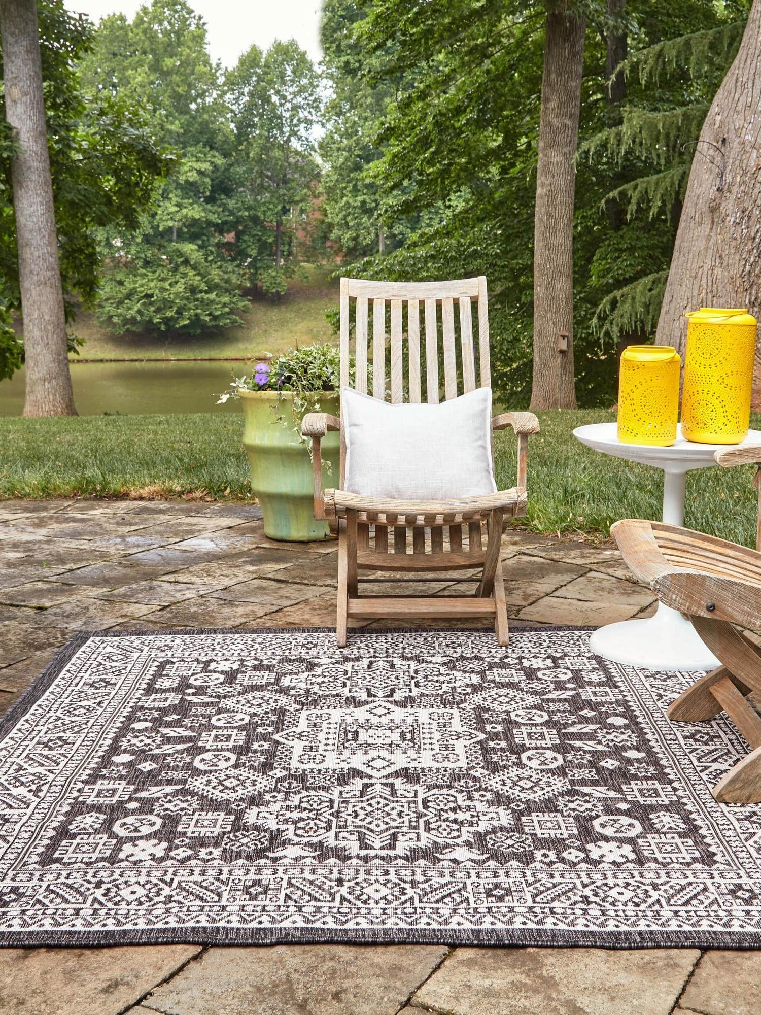 Charcoal Gray 13' 1 x 13' 1 Outdoor Aztec Square Area Rug Weather Resistant for Patio, Deck, Terrace, Balcony, Porch 100% Polypropylene Traditional Carpet Mat for Sale at Rug Engine