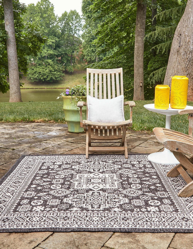 Charcoal Gray 10' x 10' Outdoor Aztec Square Area Rug Weather Resistant for Patio, Deck, Terrace, Balcony, Porch 100% Polypropylene Traditional Carpet Mat for Sale at Rug Engine