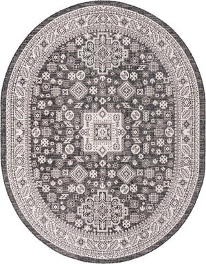 Charcoal Gray 7' 10 x 10' Outdoor Aztec Oval Area Rug Weather Resistant for Patio, Deck, Terrace, Balcony, Porch 100% Polypropylene Traditional Carpet Mat for Sale at Rug Engine