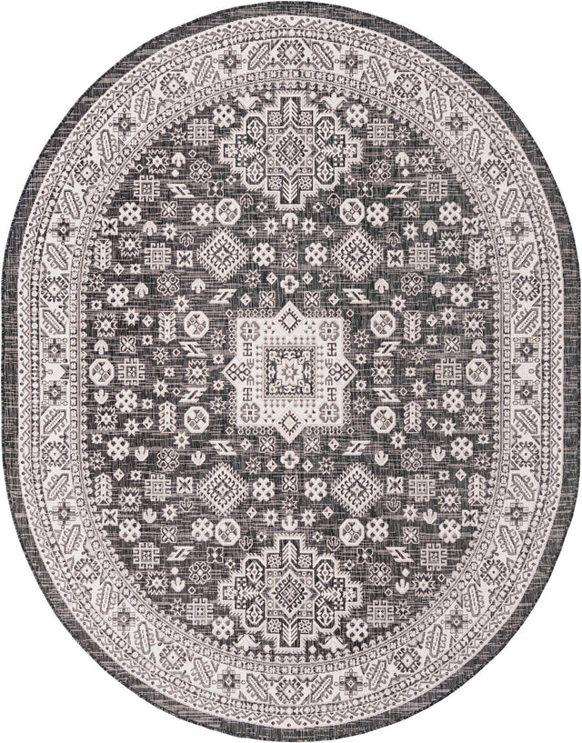 Charcoal Gray 7' 10 x 10' Outdoor Aztec Oval Area Rug Weather Resistant for Patio, Deck, Terrace, Balcony, Porch 100% Polypropylene Traditional Carpet Mat for Sale at Rug Engine
