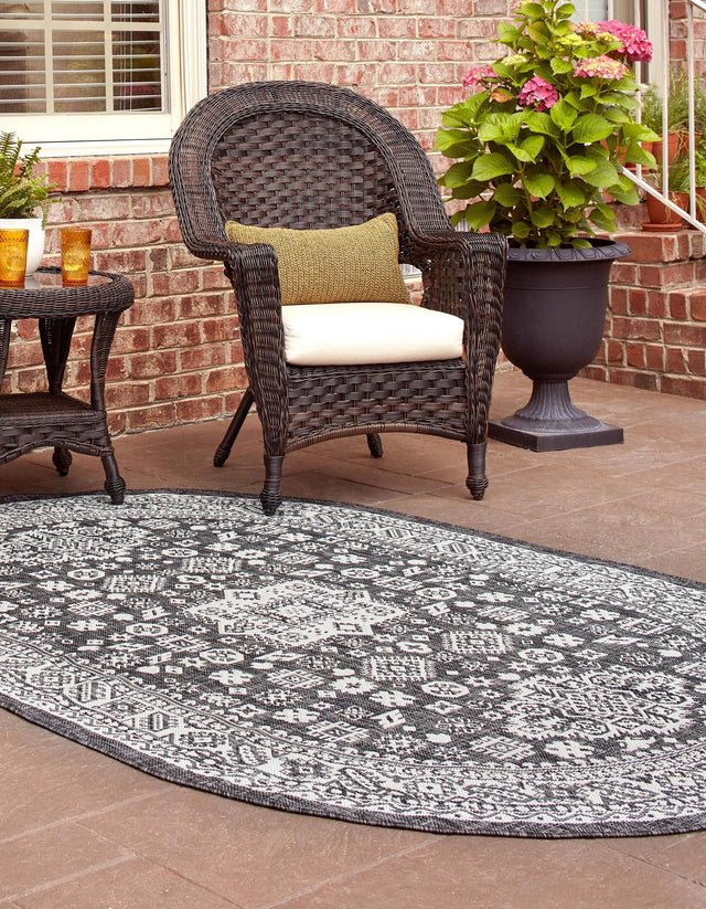 Charcoal Gray 3' 1 x 5' 3 Outdoor Aztec Oval Area Rug Weather Resistant for Patio, Deck, Terrace, Balcony, Porch 100% Polypropylene Traditional Carpet Mat for Sale at Rug Engine