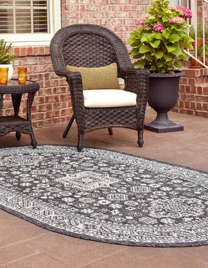 Charcoal Gray 7' 10 x 10' Outdoor Aztec Oval Area Rug Weather Resistant for Patio, Deck, Terrace, Balcony, Porch 100% Polypropylene Traditional Carpet Mat for Sale at Rug Engine