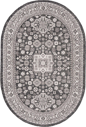Charcoal Gray 5' 3 x 8' Outdoor Aztec Oval Area Rug Weather Resistant for Patio, Deck, Terrace, Balcony, Porch 100% Polypropylene Traditional Carpet Mat for Sale at Rug Engine