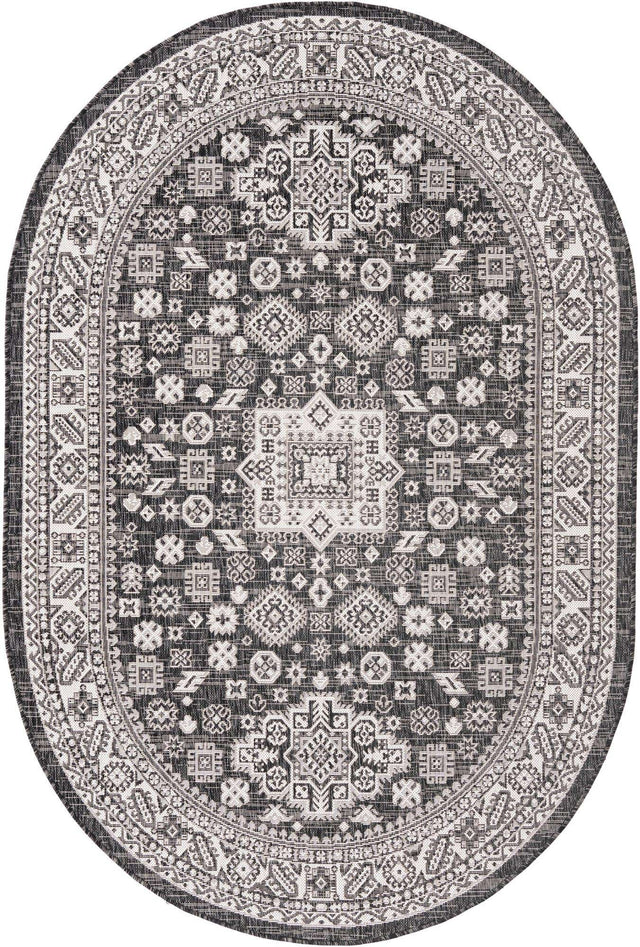 Charcoal Gray 5' 3 x 8' Outdoor Aztec Oval Area Rug Weather Resistant for Patio, Deck, Terrace, Balcony, Porch 100% Polypropylene Traditional Carpet Mat for Sale at Rug Engine