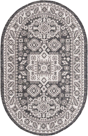Charcoal Gray 3' 1 x 5' 3 Outdoor Aztec Oval Area Rug Weather Resistant for Patio, Deck, Terrace, Balcony, Porch 100% Polypropylene Traditional Carpet Mat for Sale at Rug Engine