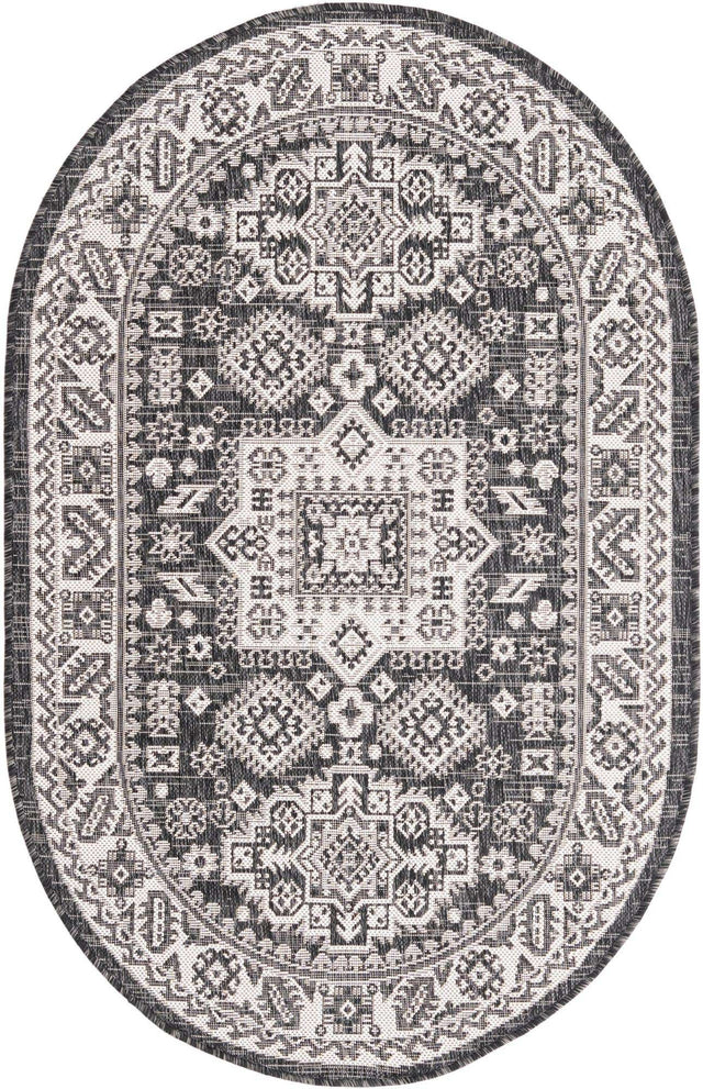 Charcoal Gray 3' 1 x 5' 3 Outdoor Aztec Oval Area Rug Weather Resistant for Patio, Deck, Terrace, Balcony, Porch 100% Polypropylene Traditional Carpet Mat for Sale at Rug Engine