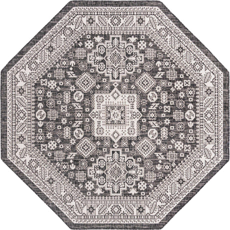 Charcoal Gray 7' 10 x 7' 10 Outdoor Aztec Octagon Area Rug Weather Resistant for Patio, Deck, Terrace, Balcony, Porch 100% Polypropylene Traditional Carpet Mat for Sale at Rug Engine