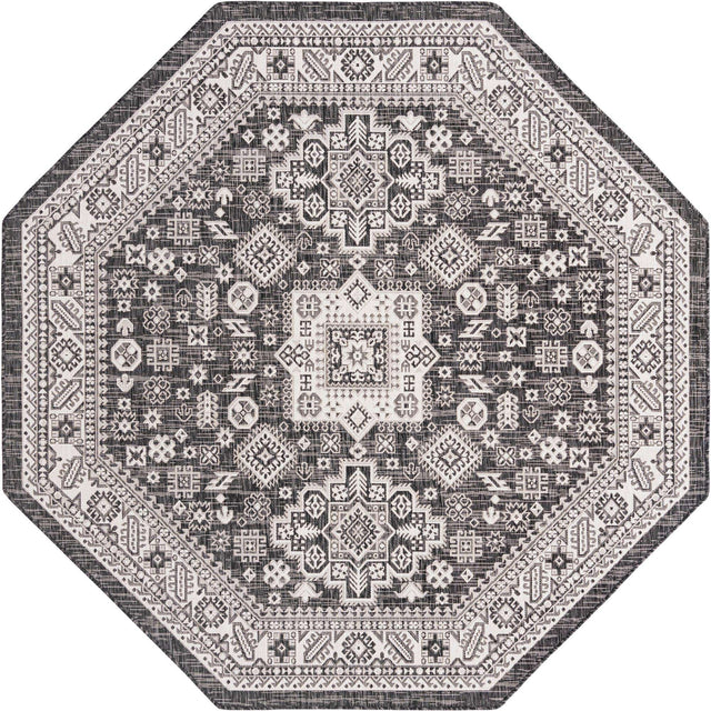 Charcoal Gray 7' 10 x 7' 10 Outdoor Aztec Octagon Area Rug Weather Resistant for Patio, Deck, Terrace, Balcony, Porch 100% Polypropylene Traditional Carpet Mat for Sale at Rug Engine