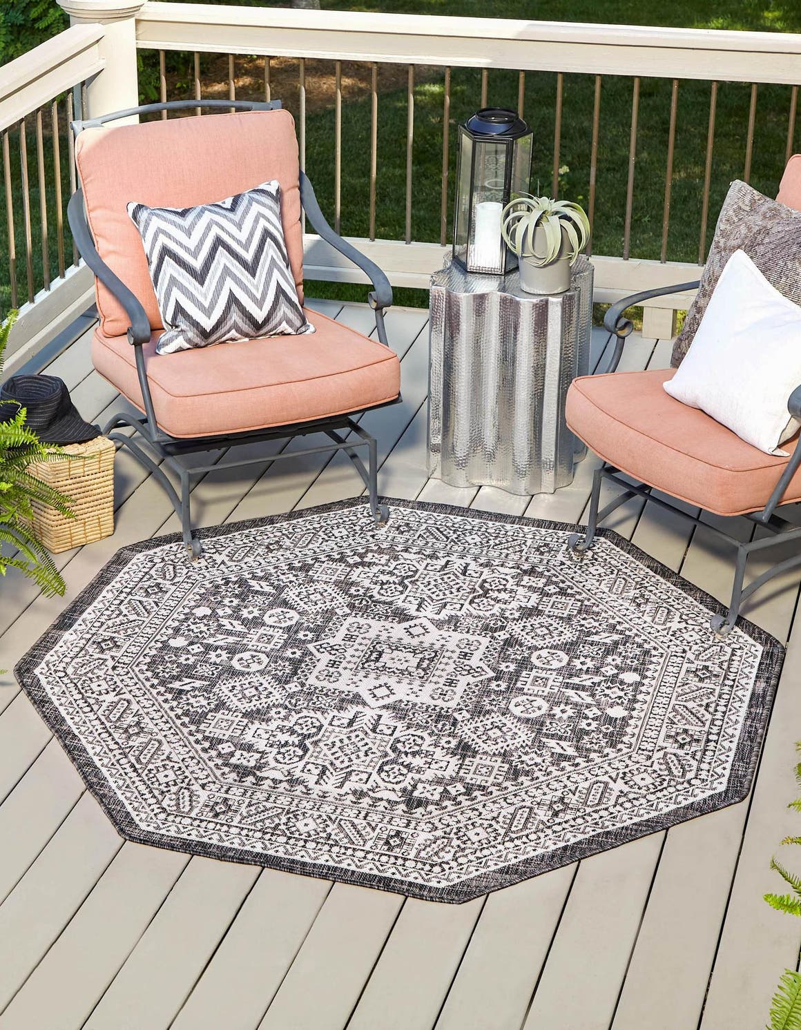 Charcoal Gray 7' 10 x 7' 10 Outdoor Aztec Octagon Area Rug Weather Resistant for Patio, Deck, Terrace, Balcony, Porch 100% Polypropylene Traditional Carpet Mat for Sale at Rug Engine