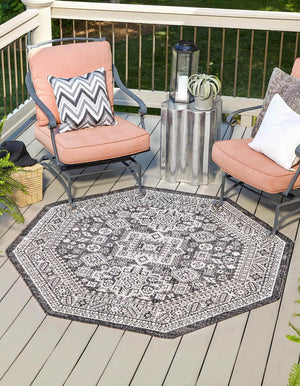 Charcoal Gray 7' 10 x 7' 10 Outdoor Aztec Octagon Area Rug Weather Resistant for Patio, Deck, Terrace, Balcony, Porch 100% Polypropylene Traditional Carpet Mat for Sale at Rug Engine