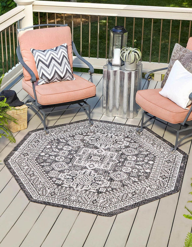 Charcoal Gray 7' 10 x 7' 10 Outdoor Aztec Octagon Area Rug Weather Resistant for Patio, Deck, Terrace, Balcony, Porch 100% Polypropylene Traditional Carpet Mat for Sale at Rug Engine