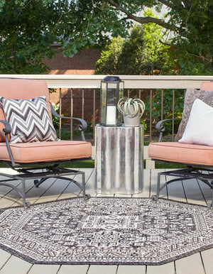 Charcoal Gray 7' 10 x 7' 10 Outdoor Aztec Octagon Area Rug Weather Resistant for Patio, Deck, Terrace, Balcony, Porch 100% Polypropylene Traditional Carpet Mat for Sale at Rug Engine