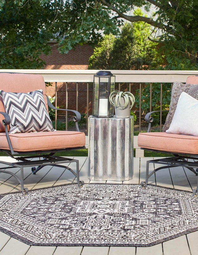 Charcoal Gray 7' 10 x 7' 10 Outdoor Aztec Octagon Area Rug Weather Resistant for Patio, Deck, Terrace, Balcony, Porch 100% Polypropylene Traditional Carpet Mat for Sale at Rug Engine