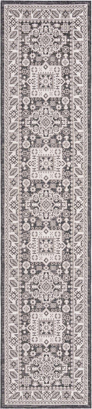Charcoal Gray 2' 7 x 12' Outdoor Aztec Runner Area Rug Weather Resistant for Patio, Deck, Terrace, Balcony, Porch 100% Polypropylene Traditional Carpet Mat for Sale at Rug Engine