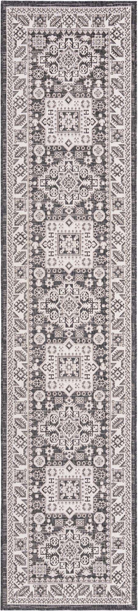 Charcoal Gray 2' 7 x 12' Outdoor Aztec Runner Area Rug Weather Resistant for Patio, Deck, Terrace, Balcony, Porch 100% Polypropylene Traditional Carpet Mat for Sale at Rug Engine