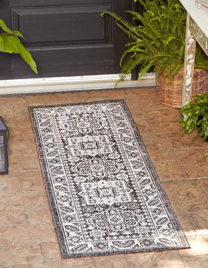 Charcoal Gray 2' 7 x 12' Outdoor Aztec Runner Area Rug Weather Resistant for Patio, Deck, Terrace, Balcony, Porch 100% Polypropylene Traditional Carpet Mat for Sale at Rug Engine