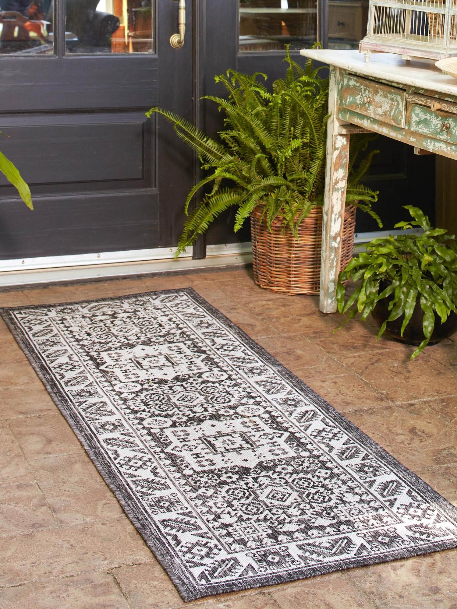 Charcoal Gray 2' 7 x 12' Outdoor Aztec Runner Area Rug Weather Resistant for Patio, Deck, Terrace, Balcony, Porch 100% Polypropylene Traditional Carpet Mat for Sale at Rug Engine