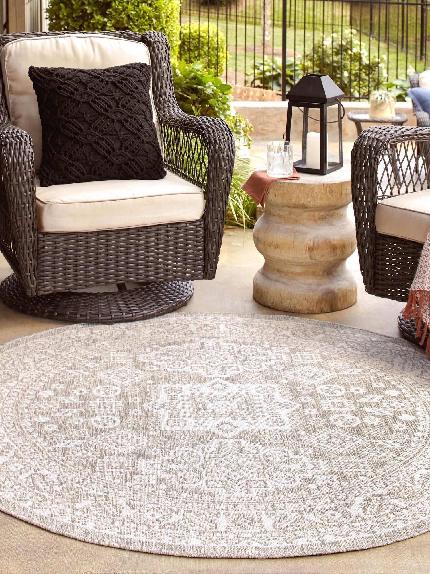 Light Gray 5' 3 x 5' 3 Outdoor Aztec Round Area Rug Weather Resistant for Patio, Deck, Terrace, Balcony, Porch 100% Polypropylene Traditional Carpet Mat for Sale at Rug Engine