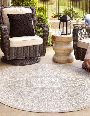 Light Gray 5' 3 x 5' 3 Outdoor Aztec Round Area Rug Weather Resistant for Patio, Deck, Terrace, Balcony, Porch 100% Polypropylene Traditional Carpet Mat for Sale at Rug Engine