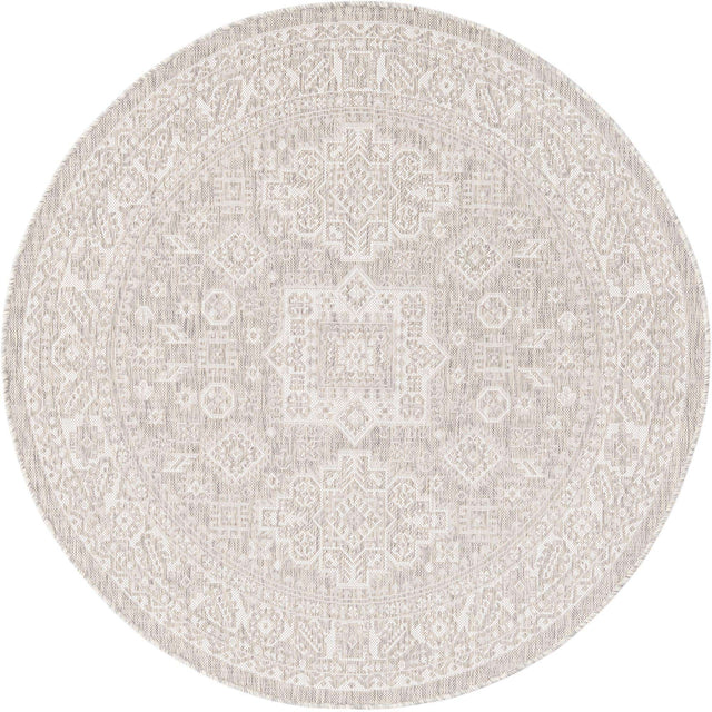 Light Gray 5' 3 x 5' 3 Outdoor Aztec Round Area Rug Weather Resistant for Patio, Deck, Terrace, Balcony, Porch 100% Polypropylene Traditional Carpet Mat for Sale at Rug Engine