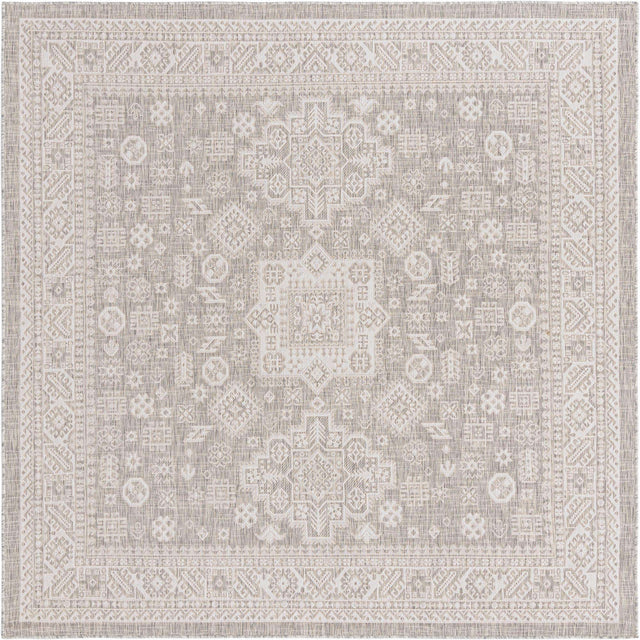 Light Gray 7' 10 x 7' 10 Outdoor Aztec Square Area Rug Weather Resistant for Patio, Deck, Terrace, Balcony, Porch 100% Polypropylene Traditional Carpet Mat for Sale at Rug Engine