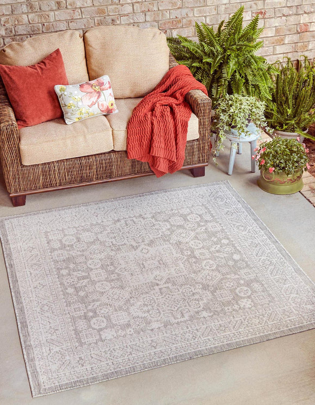 Light Gray 5' 3 x 5' 3 Outdoor Aztec Square Area Rug Weather Resistant for Patio, Deck, Terrace, Balcony, Porch 100% Polypropylene Traditional Carpet Mat for Sale at Rug Engine