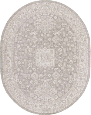 Light Gray 7' 10 x 10' Outdoor Aztec Oval Area Rug Weather Resistant for Patio, Deck, Terrace, Balcony, Porch 100% Polypropylene Traditional Carpet Mat for Sale at Rug Engine
