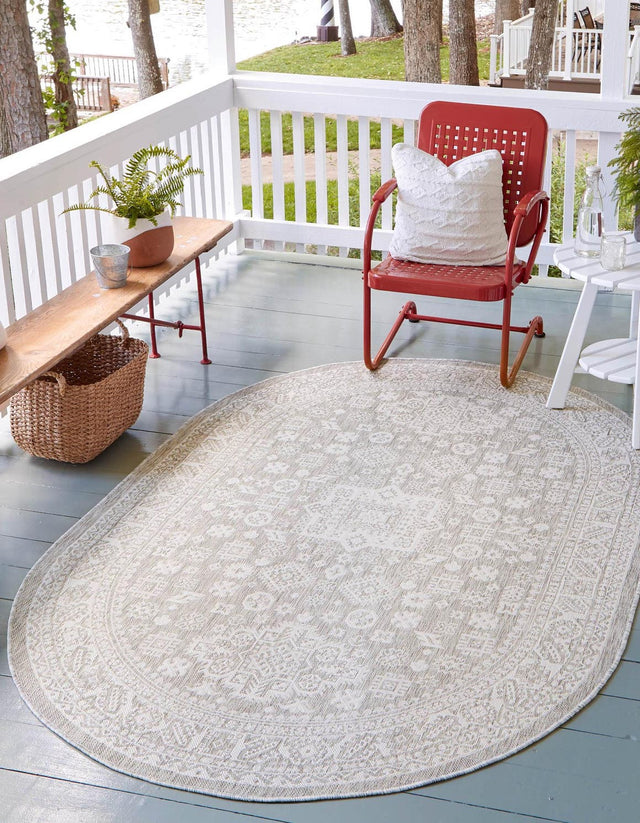 Light Gray 7' 10 x 10' Outdoor Aztec Oval Area Rug Weather Resistant for Patio, Deck, Terrace, Balcony, Porch 100% Polypropylene Traditional Carpet Mat for Sale at Rug Engine