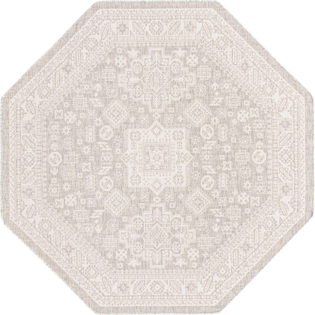 Light Gray 7' 10 x 7' 10 Outdoor Aztec Octagon Area Rug Weather Resistant for Patio, Deck, Terrace, Balcony, Porch 100% Polypropylene Traditional Carpet Mat for Sale at Rug Engine