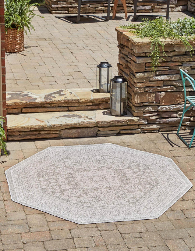 Light Gray 7' 10 x 7' 10 Outdoor Aztec Octagon Area Rug Weather Resistant for Patio, Deck, Terrace, Balcony, Porch 100% Polypropylene Traditional Carpet Mat for Sale at Rug Engine