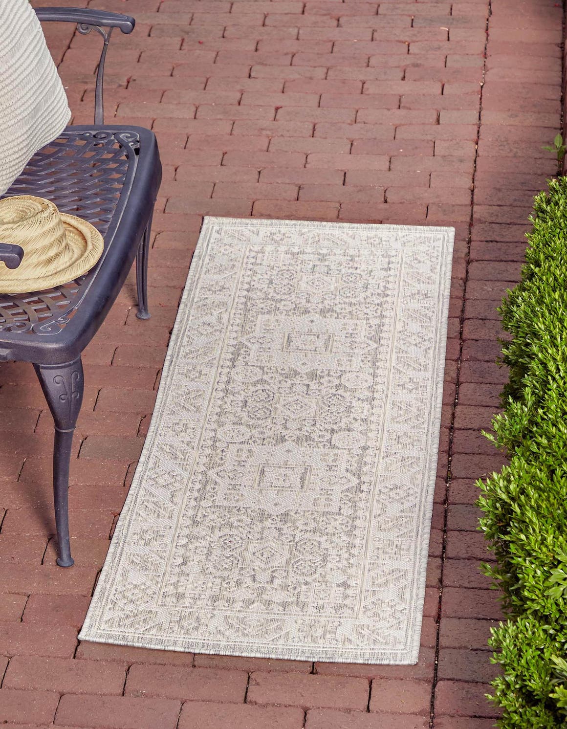 Light Gray 2' x 8' Outdoor Aztec Runner Area Rug Weather Resistant for Patio, Deck, Terrace, Balcony, Porch 100% Polypropylene Traditional Carpet Mat for Sale at Rug Engine