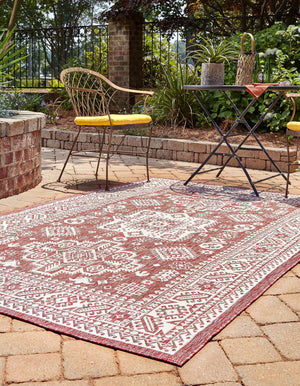 Rust Red 5' 3 x 7' 1 Outdoor Aztec Rectangle Area Rug Weather Resistant for Patio, Deck, Terrace, Balcony, Porch 100% Polypropylene Traditional Carpet Mat for Sale at Rug Engine