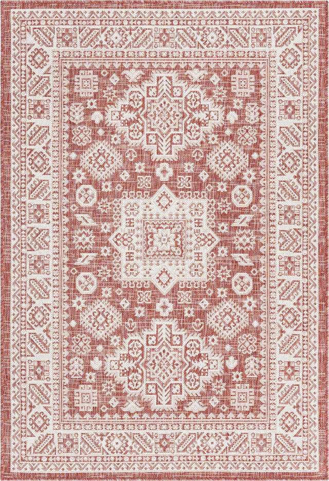 Rust Red 4' 1 x 6' 1 Outdoor Aztec Rectangle Area Rug Weather Resistant for Patio, Deck, Terrace, Balcony, Porch 100% Polypropylene Traditional Carpet Mat for Sale at Rug Engine