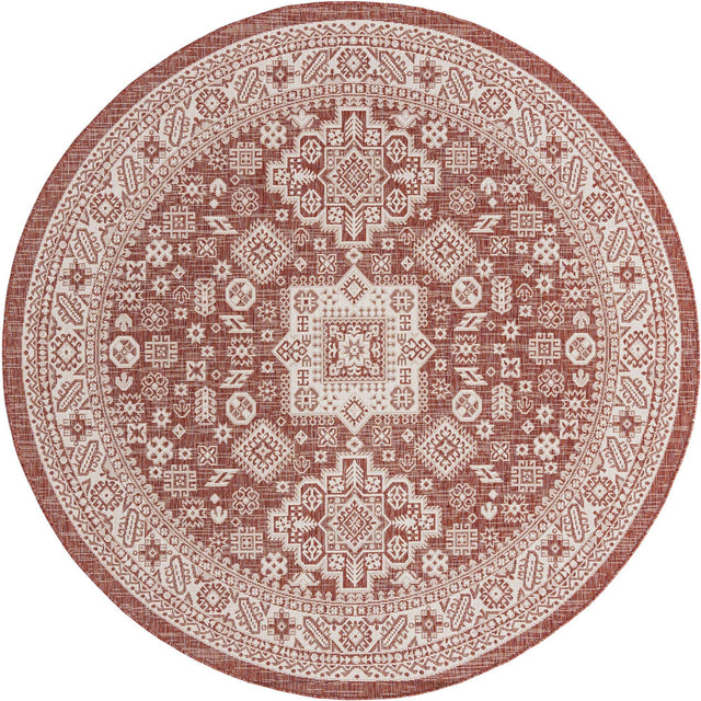 Rust Red 7' 10 x 7' 10 Outdoor Aztec Round Area Rug Weather Resistant for Patio, Deck, Terrace, Balcony, Porch 100% Polypropylene Traditional Carpet Mat for Sale at Rug Engine