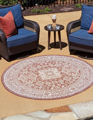 Rust Red 4' 1 x 4' 1 Outdoor Aztec Round Area Rug Weather Resistant for Patio, Deck, Terrace, Balcony, Porch 100% Polypropylene Traditional Carpet Mat for Sale at Rug Engine
