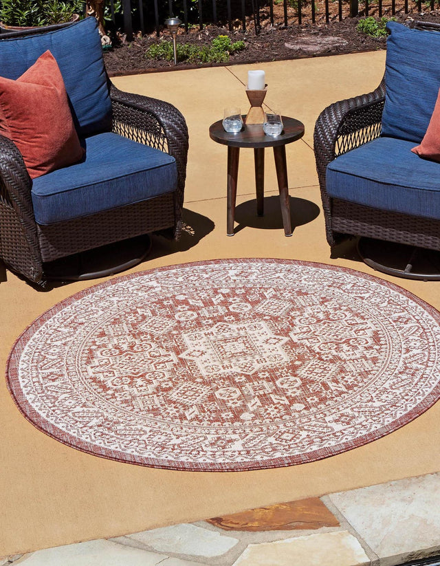 Rust Red 4' 1 x 4' 1 Outdoor Aztec Round Area Rug Weather Resistant for Patio, Deck, Terrace, Balcony, Porch 100% Polypropylene Traditional Carpet Mat for Sale at Rug Engine