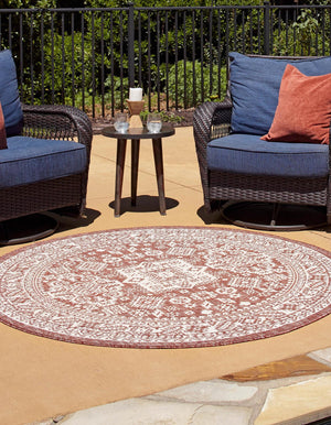 Rust Red 4' 1 x 4' 1 Outdoor Aztec Round Area Rug Weather Resistant for Patio, Deck, Terrace, Balcony, Porch 100% Polypropylene Traditional Carpet Mat for Sale at Rug Engine