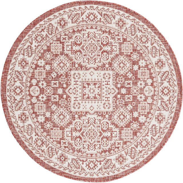 Rust Red 4' 1 x 4' 1 Outdoor Aztec Round Area Rug Weather Resistant for Patio, Deck, Terrace, Balcony, Porch 100% Polypropylene Traditional Carpet Mat for Sale at Rug Engine