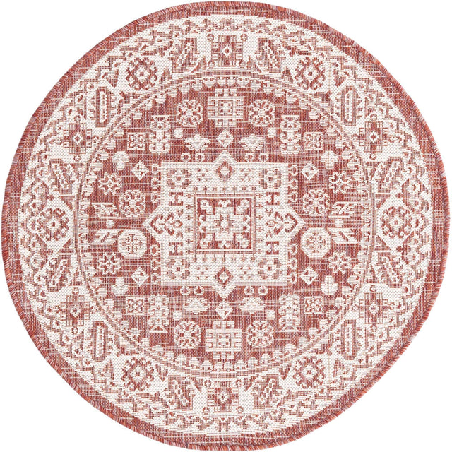Rust Red 3' 1 x 3' 1 Outdoor Aztec Round Area Rug Weather Resistant for Patio, Deck, Terrace, Balcony, Porch 100% Polypropylene Traditional Carpet Mat for Sale at Rug Engine