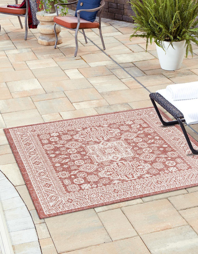 Rust Red 7' 10 x 7' 10 Outdoor Aztec Square Area Rug Weather Resistant for Patio, Deck, Terrace, Balcony, Porch 100% Polypropylene Traditional Carpet Mat for Sale at Rug Engine
