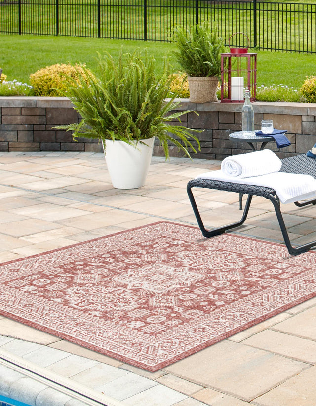 Rust Red 10' x 10' Outdoor Aztec Square Area Rug Weather Resistant for Patio, Deck, Terrace, Balcony, Porch 100% Polypropylene Traditional Carpet Mat for Sale at Rug Engine