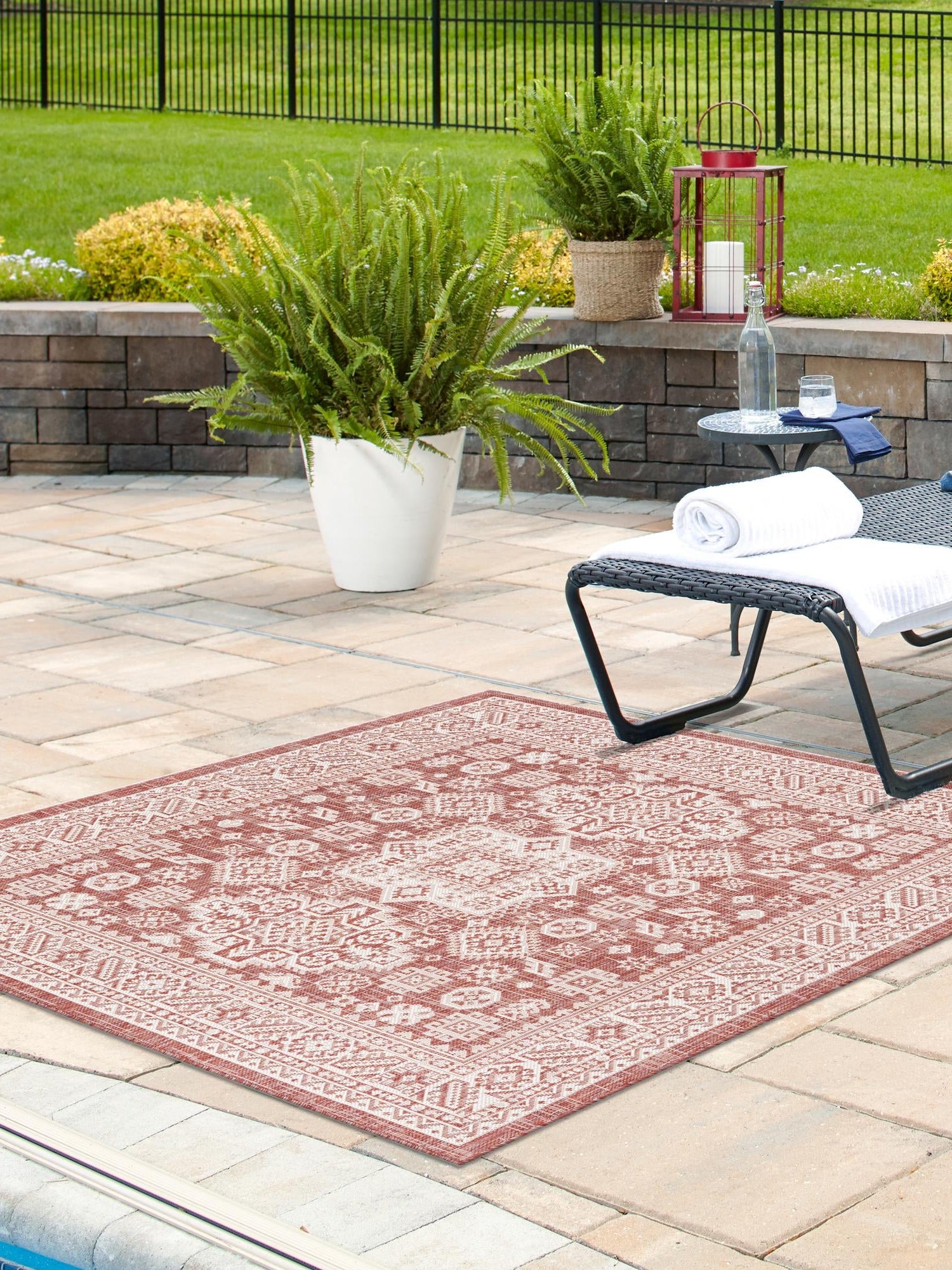 Rust Red 7' 10 x 7' 10 Outdoor Aztec Square Area Rug Weather Resistant for Patio, Deck, Terrace, Balcony, Porch 100% Polypropylene Traditional Carpet Mat for Sale at Rug Engine