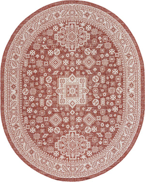 Rust Red 7' 10 x 10' Outdoor Aztec Oval Area Rug Weather Resistant for Patio, Deck, Terrace, Balcony, Porch 100% Polypropylene Traditional Carpet Mat for Sale at Rug Engine