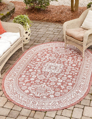 Rust Red 7' 10 x 10' Outdoor Aztec Oval Area Rug Weather Resistant for Patio, Deck, Terrace, Balcony, Porch 100% Polypropylene Traditional Carpet Mat for Sale at Rug Engine