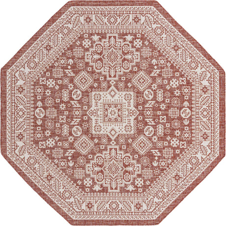 Rust Red 7' 10 x 7' 10 Outdoor Aztec Octagon Area Rug Weather Resistant for Patio, Deck, Terrace, Balcony, Porch 100% Polypropylene Traditional Carpet Mat for Sale at Rug Engine