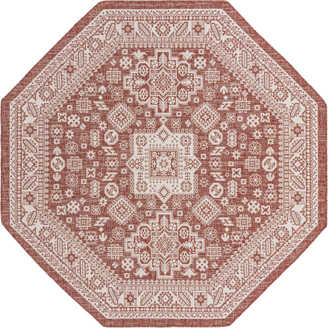 Rust Red 7' 10 x 7' 10 Outdoor Aztec Octagon Area Rug Weather Resistant for Patio, Deck, Terrace, Balcony, Porch 100% Polypropylene Traditional Carpet Mat for Sale at Rug Engine